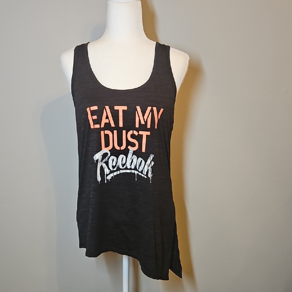 Reebok Women's Black and Orange Graphic Tank Top Size Large